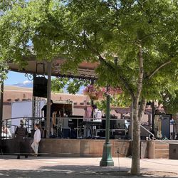 Santa Fe Plaza - Santa Fe Downtown Plaza, Santa Fe, NM June 8, 2023 - band setting up on a Thursday at about noon