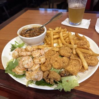 Binny B's - Full shrimp platter. Half fried half grilled. Fries and baked beans - New American Near Me - Cut Off, Louisiana