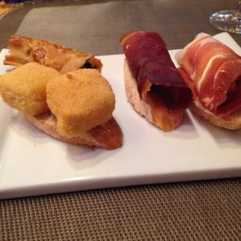 Mar a Vila - Tapas! Left to right - Brie , black pudding, beef, prosciutto. - Tapas Bars Near Me - Ibiza, PM Mar a Vila - Tapas! Left to right - Brie , black pudding, beef, prosciutto. - Tapas Bars Near Me - Ibiza, PM