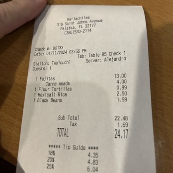 Mariachiles Mexican Grill - Receipt - Mexican Near Me - Palatka, Florida Mariachiles Mexican Grill - Receipt - Mexican Near Me - Palatka, Florida