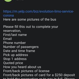 Screenshot of how they asked us to send payment, send pictures of our ID& credit card? Refused to send a pmt link or online invoice.