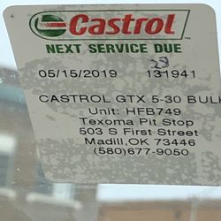 Texoma Pit Stop - Windshield tag for oil change.
