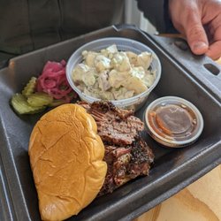 Mission Ave BBQ - Brisket sandwich and potato salad