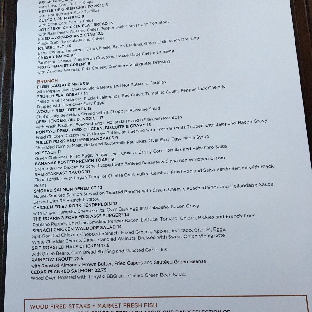 Roaring Fork - Brunch menu! Some of the brunch entrees are just their normal entrees. - New American Near Me - Austin, Texas Roaring Fork - Brunch menu! Some of the brunch entrees are just their normal entrees. - New American Near Me - Austin, Texas