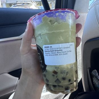Boba Flip - Matcha swirl with coffee jelly and boba. 50% sweet with almond milk - Bubble Tea Near Me - Brea, California Boba Flip - Matcha swirl with coffee jelly and boba. 50% sweet with almond milk - Bubble Tea Near Me - Brea, California