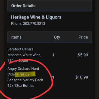 Heritage Wine and Liquor - This is what I ordered... - Beer, Wine & Spirits Near Me - Centennial, Colorado