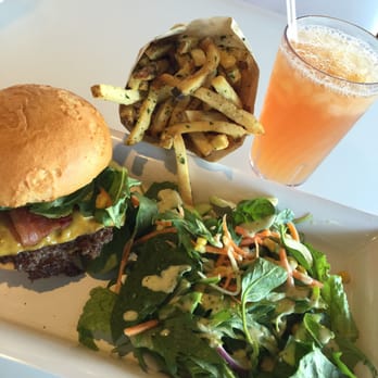 Burger Lounge - Lounge Burger on gluten free bun with the "nice salad" and of course you can't go burger without fries. - Burgers Near Me - Costa Mesa, California