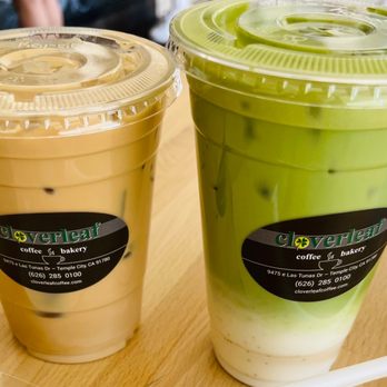 Cloverleaf Coffee & Bakery - 16 oz. Iced Latte (left) Iced Blueberry Matcha Latte (right) - Desserts Near Me - Temple City, California Cloverleaf Coffee & Bakery - 16 oz. Iced Latte (left) Iced Blueberry Matcha Latte (right) - Desserts Near Me - Temple City, California