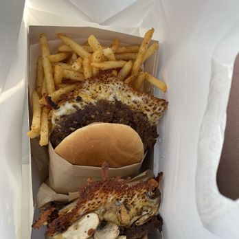 Krunch Burger - two double krunch burgers one with mushrooms and a side of fries - Burgers Near Me - La Mirada, California