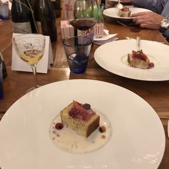 FLX Table - Cornbread with raspberry and rhubarb with warm milk honey sauce for fifth and final course. Yum! - New American Near Me - Geneva, New York