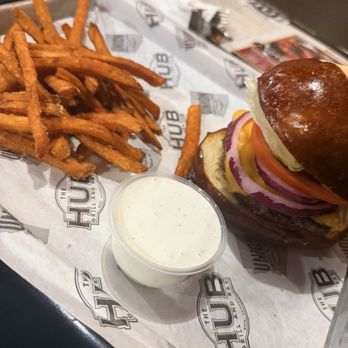The Hub Grill And Bar - Classic burger with sweet potato fries. - American Near Me - Phoenix, Arizona The Hub Grill And Bar - Classic burger with sweet potato fries. - American Near Me - Phoenix, Arizona