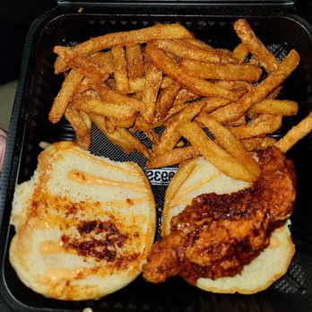 Angry Chickz - Fries and 1 of 2 sliders (ate one) X-Hot level not nearly as hot as I'd expect for the one just below the highest spice. - Chicken Shop Near Me - Elk Grove, California Angry Chickz - Fries and 1 of 2 sliders (ate one) X-Hot level not nearly as hot as I'd expect for the one just below the highest spice. - Chicken Shop Near Me - Elk Grove, California