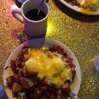 Pick Me Up Cafe - Bacon Benedict with goat cheese and black coffee!!!! - New American Near Me - Chicago, Illinois