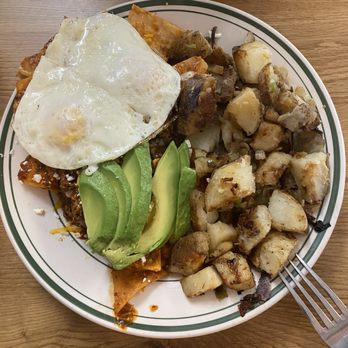 Art's Corner Cafe - Chilaquiles rojos with chorizo and O'Brien potatoes - Breakfast & Brunch Near Me - Ventura, California Art's Corner Cafe - Chilaquiles rojos with chorizo and O'Brien potatoes - Breakfast & Brunch Near Me - Ventura, California