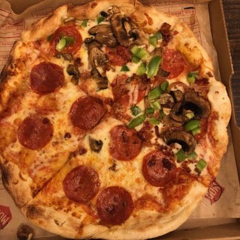 MOD Pizza - Mozzarella and pepperoni pizza. Half with green peppers and mushrooms - Fast Food Near Me - Jacksonville, Florida