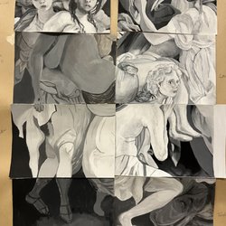 Pre-College Art Portfolio  Private Lessons - My college students created this intriguing piece copying 15th-century Italian artist Pontormo. Black and white arylic.
