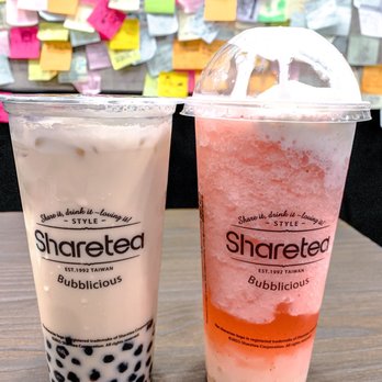 Sharetea - Left: oolong milk tea w/ tapioca. Right: strawberry smoothie with jelly and ice cream - Bubble Tea Near Me - Fairfax, Virginia Sharetea - Left: oolong milk tea w/ tapioca. Right: strawberry smoothie with jelly and ice cream - Bubble Tea Near Me - Fairfax, Virginia