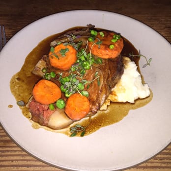 Finch & Fork - Prime rib over garlic mashed potatoes (juicy and delicious; not pictured is fresh popover on the side) - New American Near Me - Santa Barbara, California