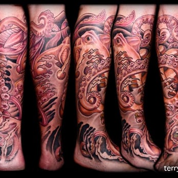 Cat Tattoo - Octopus & Squid by Terry Mayo - Tattoo Near Me - Addison, Texas Cat Tattoo - Octopus & Squid by Terry Mayo - Tattoo Near Me - Addison, Texas