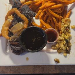 Steak, Sweet Potato fries, and corn. Steak, Sweet Potato fries, and corn.