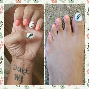 Posh Nails & Spa - Coral Reef & Marshmellow White with black bird & feather design. - Nail Salons Near Me - Tampa, Florida Posh Nails & Spa - Coral Reef & Marshmellow White with black bird & feather design. - Nail Salons Near Me - Tampa, Florida