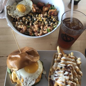 PINCHO - tex mex chicken salad with fried egg, pincho burger with fried egg and a side of bacon ranch fries - Burgers Near Me - Miami, Florida PINCHO - tex mex chicken salad with fried egg, pincho burger with fried egg and a side of bacon ranch fries - Burgers Near Me - Miami, Florida