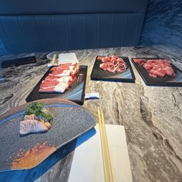 Beef for hot pot, seared salmon