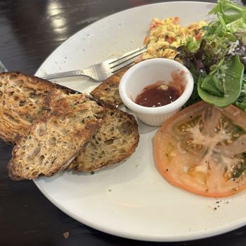 Blue Kale Cafe & Lounge - Eggs and cheese with rye toast, jam, tomato slices and green salad. - Cafes Near Me - Skokie, Illinois