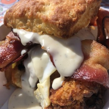 Serious Pie Ballard - Savory Fried Chicken Biscuit with Black Pepper Gravy and bacon - Pizza Near Me - Seattle, Washington