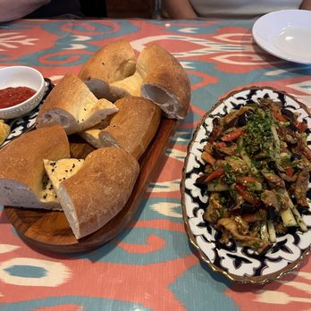 Silkroad Uzbek Cuisine - Bread appetizer and Grilled Eggplant - Uzbek Near Me - Cary, North Carolina