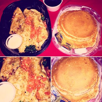 IHOP - chicken florentine crepes with three stack original pancakes and blueberry syrup. so delicious for a late meal, I'm dancing around. - Breakfast & Brunch Near Me - Spring Valley, New York