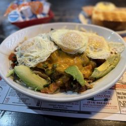 Brothers - PowerHouse Skillet, Chicken Sausage over hash browns and cheddar cheese.