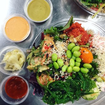 Poke Dot - Small (~$8.50) with salmon, albacore, & spicy tuna! Yummy :) - Seafood Near Me - Claremont, California Poke Dot - Small (~$8.50) with salmon, albacore, & spicy tuna! Yummy :) - Seafood Near Me - Claremont, California