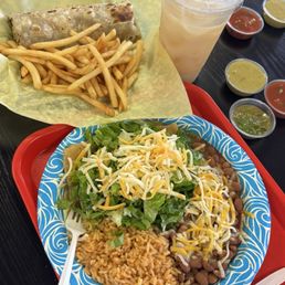 Enchiladas, bean and cheese burrito, horchata and yummy salsas! Enchiladas, bean and cheese burrito, horchata and yummy salsas!