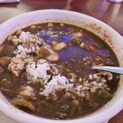 Large shrimp gumbo. A good base but small frozen shrimp dropped in.