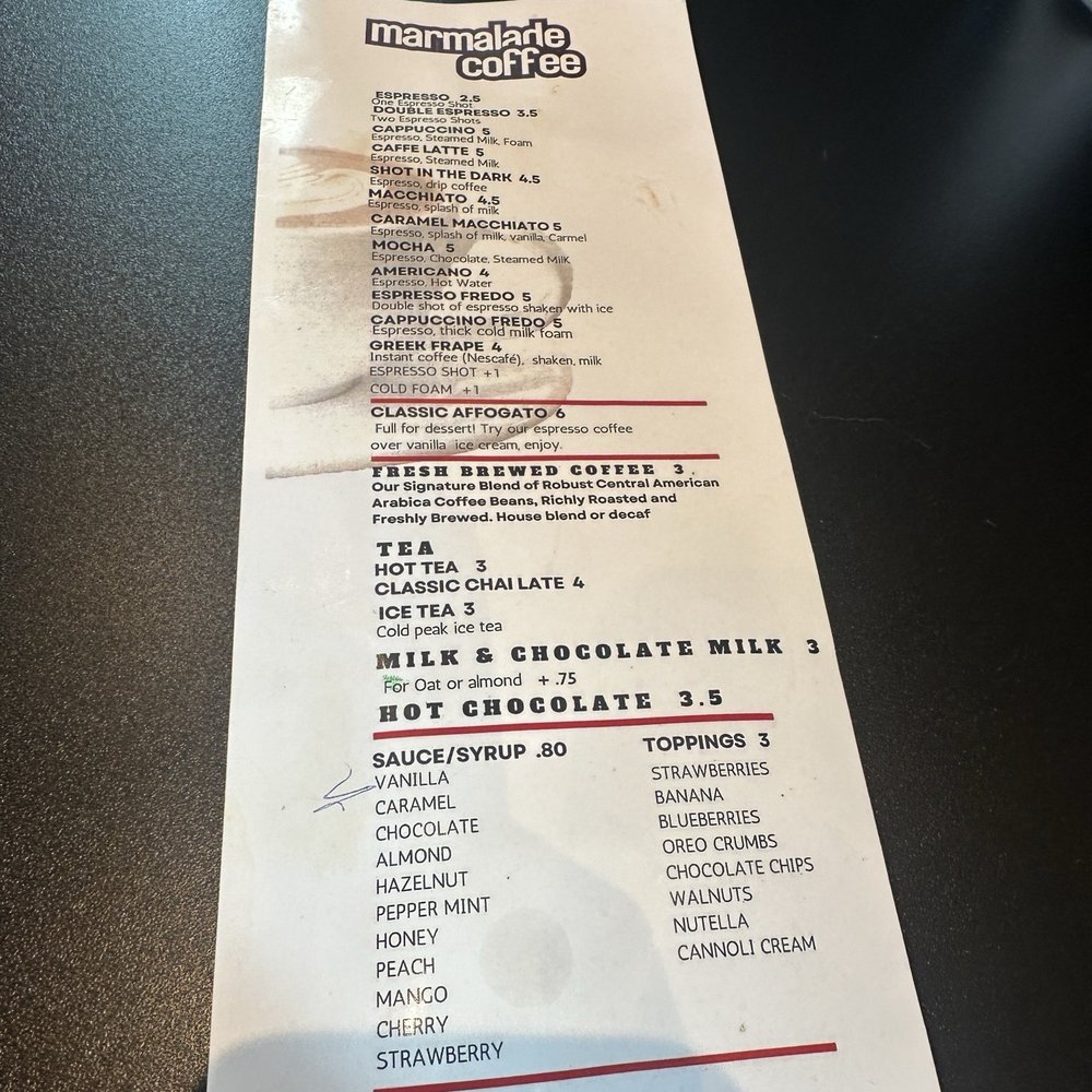 Coffee menu
