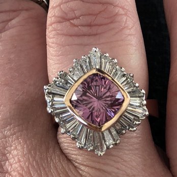 Wise Choice Jewelers - 2.44kt custom cut (precision gem) Mahenge Garnet rose gold bezel set with ballerina style baguette diamonds in white gold - Jewelry Near Me - Cibolo, Texas Wise Choice Jewelers - 2.44kt custom cut (precision gem) Mahenge Garnet rose gold bezel set with ballerina style baguette diamonds in white gold - Jewelry Near Me - Cibolo, Texas