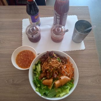 KJB Pho and Eggrolls - Combination vermicelli with pork and egg rolls plus fish sauce and satay chilli sauce - Vietnamese Near Me - Costa Mesa, California KJB Pho and Eggrolls - Combination vermicelli with pork and egg rolls plus fish sauce and satay chilli sauce - Vietnamese Near Me - Costa Mesa, California