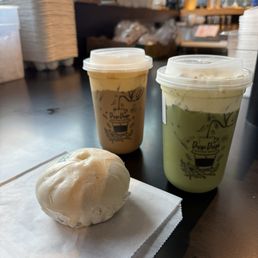 Salted Egg Yolk Coffee, Matcha Banana Latte, Banh bao Char Siu (Bbq Pork)