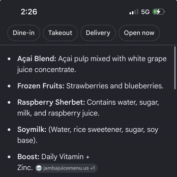 Jamba - Is there a menu online which shows is inside the smoothie. It was definitely missing something. - Juice Bars & Smoothies Near Me - Santee, California Jamba - Is there a menu online which shows is inside the smoothie. It was definitely missing something. - Juice Bars & Smoothies Near Me - Santee, California