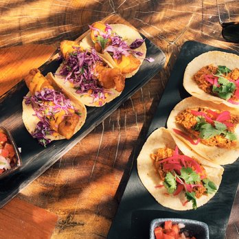 Restaurant Villa Pescadores - Tempura fish tacos (left) and cochinita pibil tacos (right) - Seafood Near Me - Tulum, ROO Restaurant Villa Pescadores - Tempura fish tacos (left) and cochinita pibil tacos (right) - Seafood Near Me - Tulum, ROO