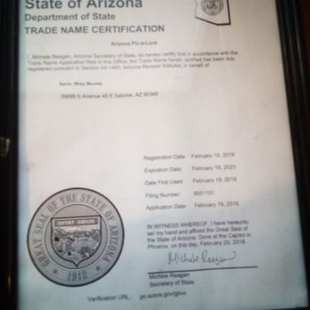 Arizona Pic-a-Lock - Trade Name Certificate - Keys & Locksmiths Near Me - Salome, Arizona Arizona Pic-a-Lock - Trade Name Certificate - Keys & Locksmiths Near Me - Salome, Arizona