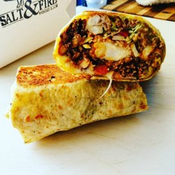 Salt & Fire Food Lab - Owner's photo of crispy shrimp & chorizo burrito w/chorizo fried rice, cabbage, lime, beans, cheese, avocado cream