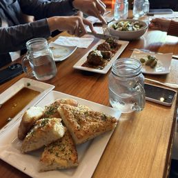 Focaccia, meatballs, brussels sprouts Focaccia, meatballs, brussels sprouts