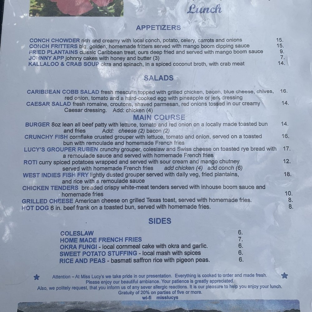 Miss Lucy's Restaurant - Lunch Menu - Caribbean Near Me - St. John, Virgin Islands