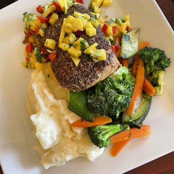 RJM Mexican Grill - Chia crusted mani mahi-mahi with buttered mashed potatoes and sautéed veggies topped with a mango salsa...OMG so scrumptious!! - Juice Bars & Smoothies Near Me - Los Angeles, California RJM Mexican Grill - Chia crusted mani mahi-mahi with buttered mashed potatoes and sautéed veggies topped with a mango salsa...OMG so scrumptious!! - Juice Bars & Smoothies Near Me - Los Angeles, California