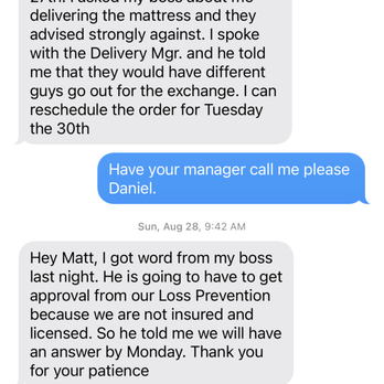 Mattress Firm El Con - Text from manager stating they arent licensed or insured to deliver furniture - Mattresses Near Me - Tucson, Arizona Mattress Firm El Con - Text from manager stating they arent licensed or insured to deliver furniture - Mattresses Near Me - Tucson, Arizona