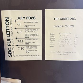 The Night Owl - schedule of events at the café and schedule for their silent book club - Coffee & Tea Near Me - Fullerton, California The Night Owl - schedule of events at the café and schedule for their silent book club - Coffee & Tea Near Me - Fullerton, California
