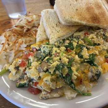 Donner Lake Kitchen - How good does this look?  #11 - a 3-egg omelet, with spinach, mushroom, tomatoes and Ortega chili's...($21 including tax).  Furgetaboutit! - Breakfast & Brunch Near Me - Truckee, California