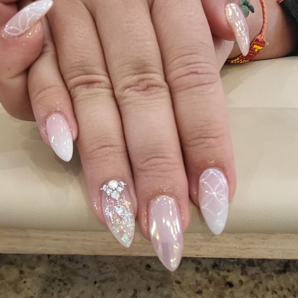 Gel Touch Nail Spa - Pink and White ombre nails with lace and rhinestones. - Nail Salons Near Me - Carlsbad, California